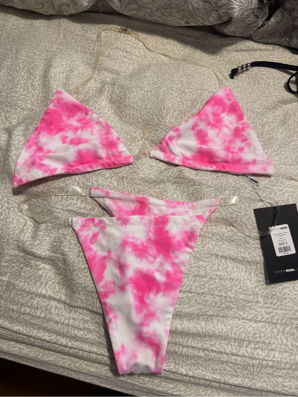 Fashion Nova Pink Tie-Dye Clear Strap Bikini Set